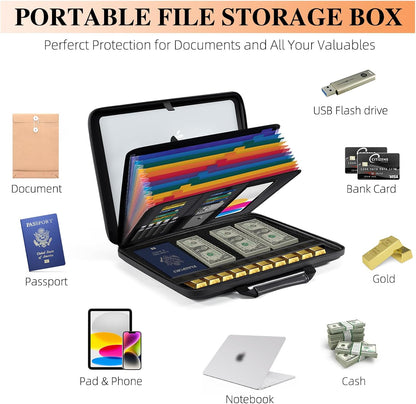 Fireproof Document Box File Organizer: Hard-Shell Case Fireproof Waterproof Box with Lock & 13 Pocket Accordion File Folder - Portable Home Office Travel Safe Storage for Important Documents and Files