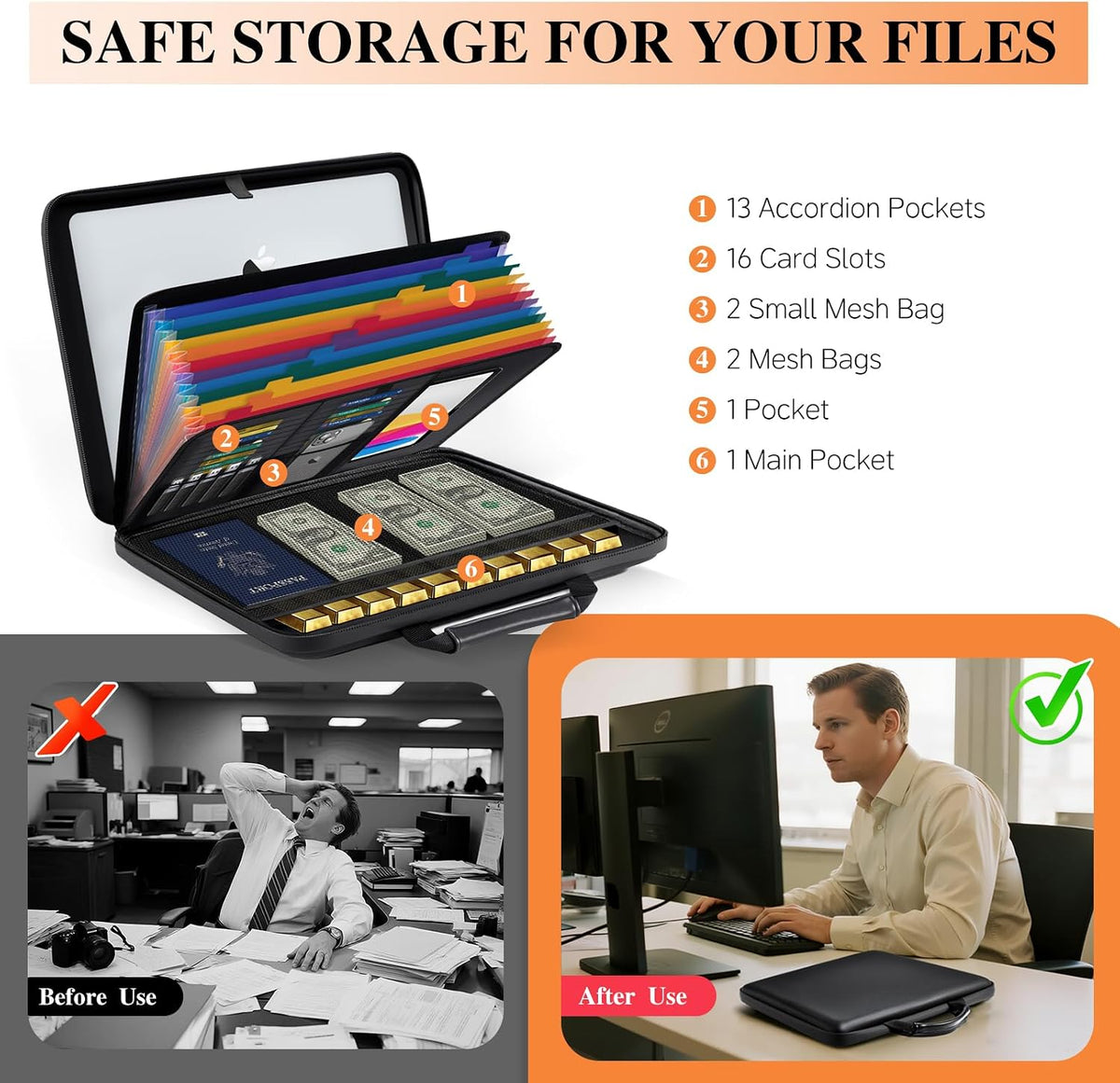 Fireproof Document Box File Organizer: Hard-Shell Case Fireproof Waterproof Box with Lock & 13 Pocket Accordion File Folder - Portable Home Office Travel Safe Storage for Important Documents and Files