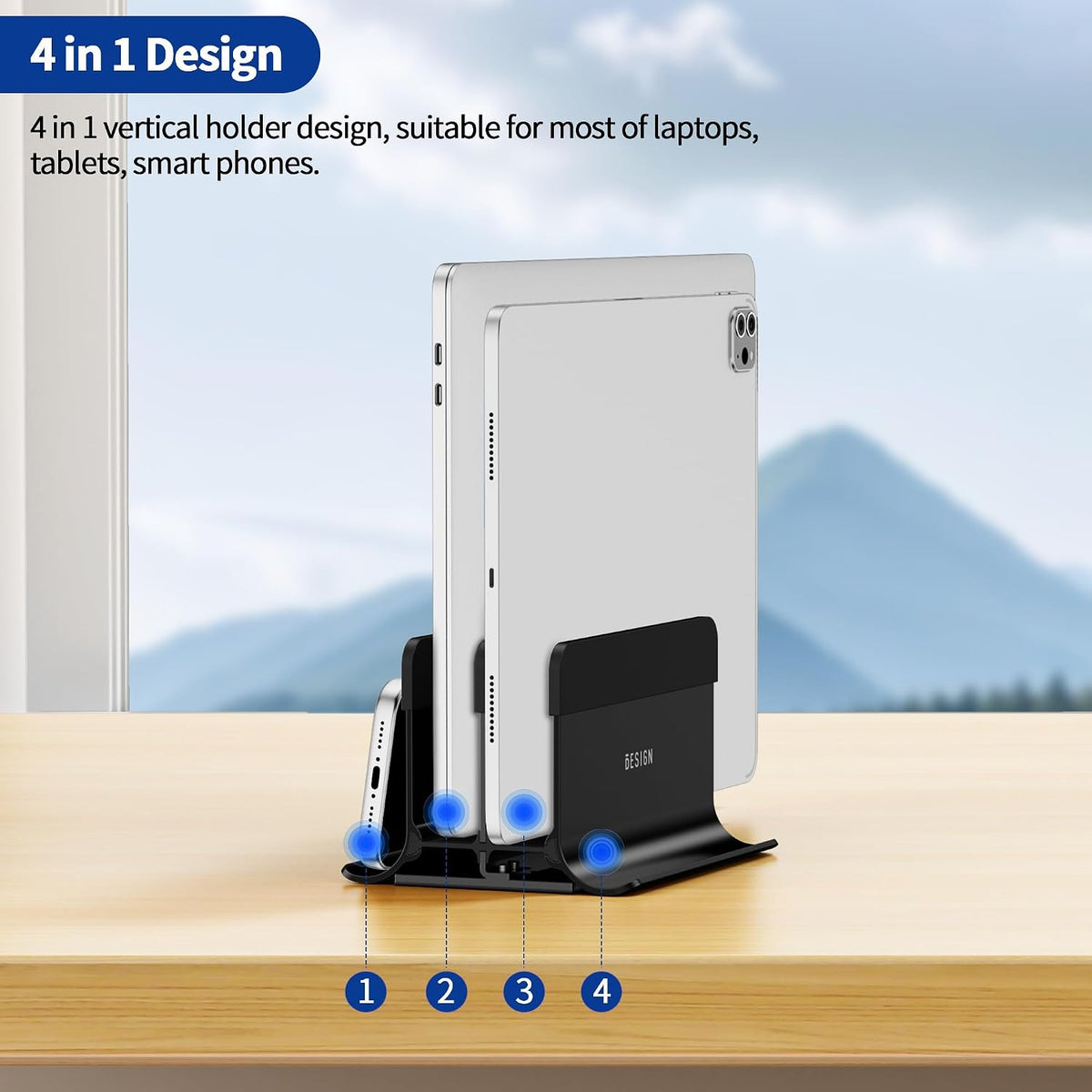 LS13 Vertical Laptop Stand Holder for Desk, 4 in 1 Desktop Stand Holder for Laptops, Tablets, Smart Phones
