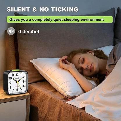 Analog Alarm Clock, Silent No Ticking Battery Operated Travel Alarm Clock with Night Light, Snooze, Loud Alarm, Luminous, Quiet Small Desk Clock for Bedrooms Deep Sleeper Adults Kids, Easy Set