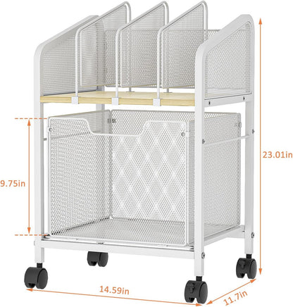Rolling File Cabinet with Adjustable Dividers, Mobile Filing Cabinet with Storage Drawer on Lockable Wheels, Hanging File Organizer Beside Under Desk for Office, Home, White（Patent Pending）