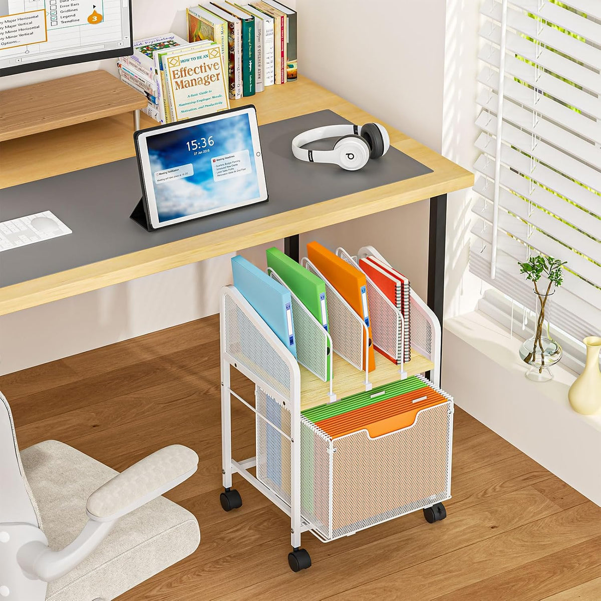 Rolling File Cabinet with Adjustable Dividers, Mobile Filing Cabinet with Storage Drawer on Lockable Wheels, Hanging File Organizer Beside Under Desk for Office, Home, White（Patent Pending）