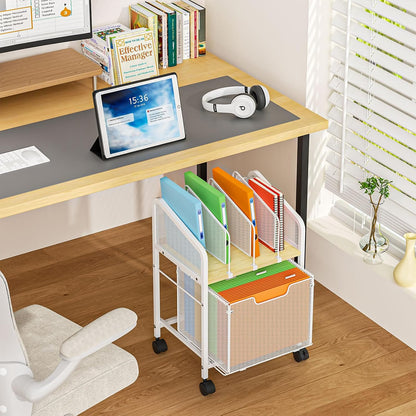Rolling File Cabinet with Adjustable Dividers, Mobile Filing Cabinet with Storage Drawer on Lockable Wheels, Hanging File Organizer Beside Under Desk for Office, Home, White（Patent Pending）