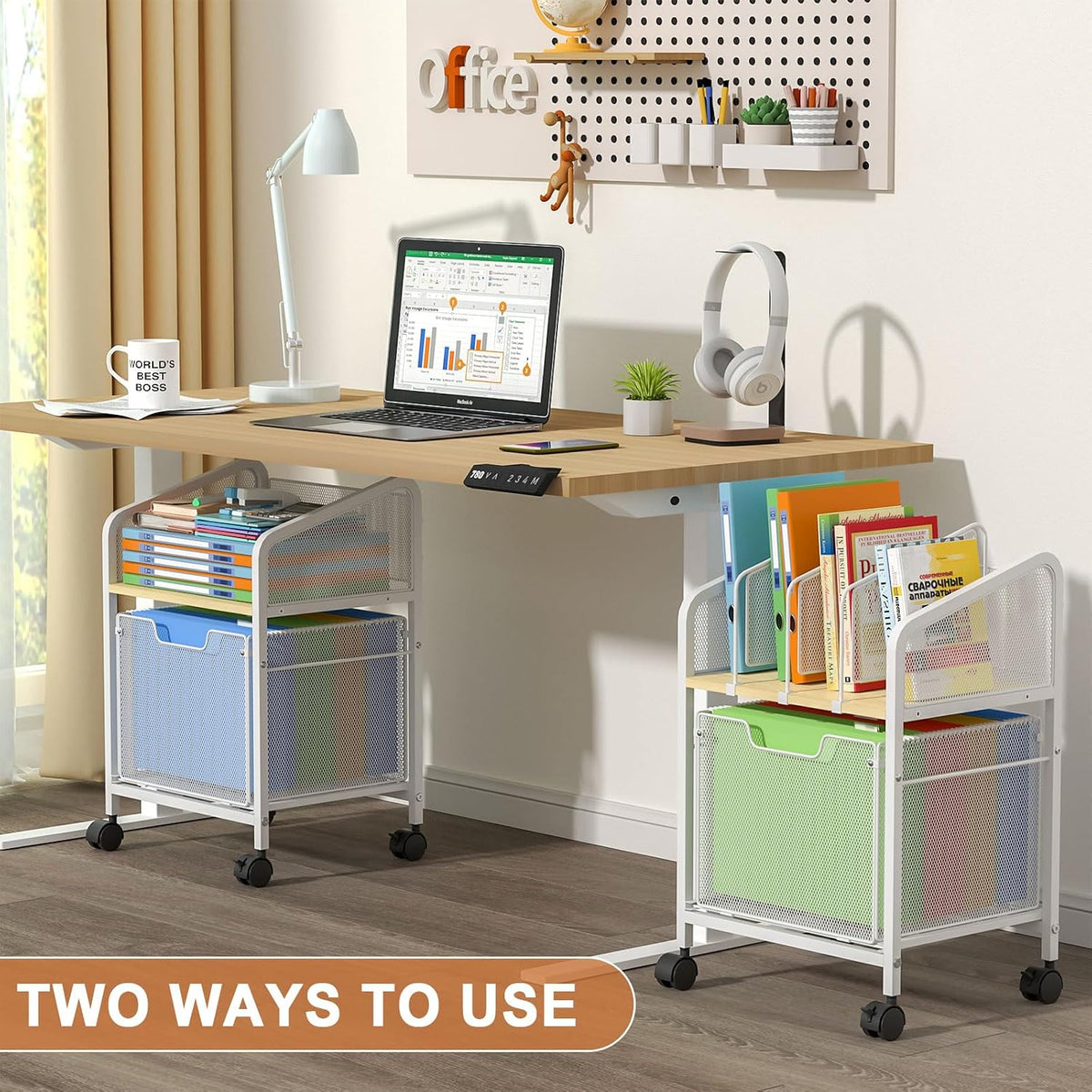 Rolling File Cabinet with Adjustable Dividers, Mobile Filing Cabinet with Storage Drawer on Lockable Wheels, Hanging File Organizer Beside Under Desk for Office, Home, White（Patent Pending）