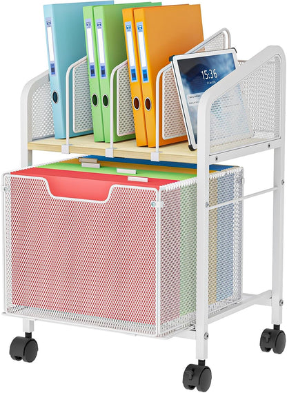 Rolling File Cabinet with Adjustable Dividers, Mobile Filing Cabinet with Storage Drawer on Lockable Wheels, Hanging File Organizer Beside Under Desk for Office, Home, White（Patent Pending）