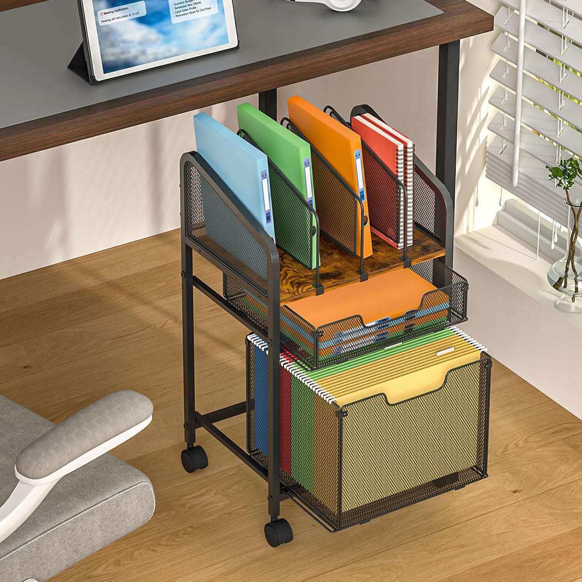 Rolling File Cabinet with Adjustable Dividers, Mobile Filing Cabinet with Storage Drawer on Lockable Wheels, Hanging File Organizer Beside Under Desk for Office, Home, White（Patent Pending）
