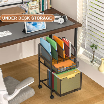 Rolling File Cabinet with Adjustable Dividers, Mobile Filing Cabinet with Storage Drawer on Lockable Wheels, Hanging File Organizer Beside Under Desk for Office, Home, White（Patent Pending）