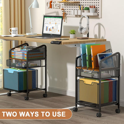 Rolling File Cabinet with Adjustable Dividers, Mobile Filing Cabinet with Storage Drawer on Lockable Wheels, Hanging File Organizer Beside Under Desk for Office, Home, White（Patent Pending）
