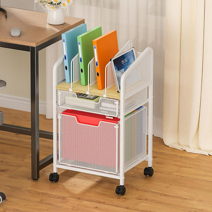 Rolling File Cabinet with Adjustable Dividers, Mobile Filing Cabinet with Storage Drawer on Lockable Wheels, Hanging File Organizer Beside Under Desk for Office, Home, White（Patent Pending）