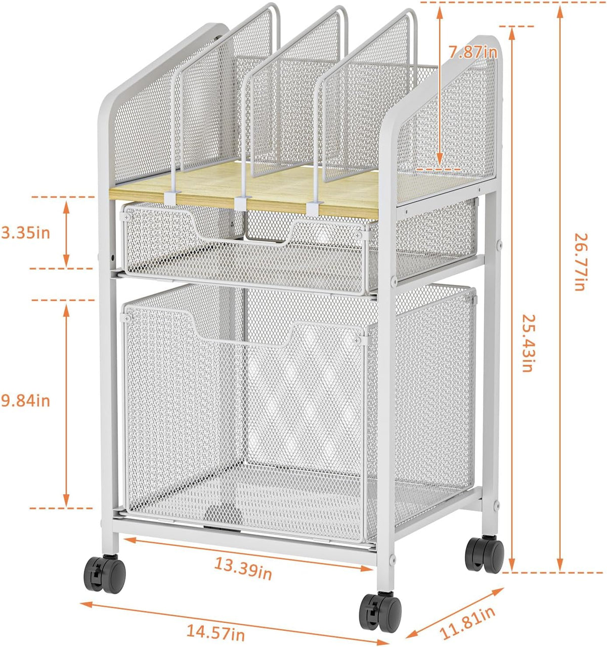 Rolling File Cabinet with Adjustable Dividers, Mobile Filing Cabinet with Storage Drawer on Lockable Wheels, Hanging File Organizer Beside Under Desk for Office, Home, White（Patent Pending）