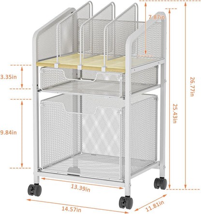 Rolling File Cabinet with Adjustable Dividers, Mobile Filing Cabinet with Storage Drawer on Lockable Wheels, Hanging File Organizer Beside Under Desk for Office, Home, White（Patent Pending）