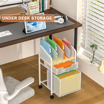 Rolling File Cabinet with Adjustable Dividers, Mobile Filing Cabinet with Storage Drawer on Lockable Wheels, Hanging File Organizer Beside Under Desk for Office, Home, White（Patent Pending）