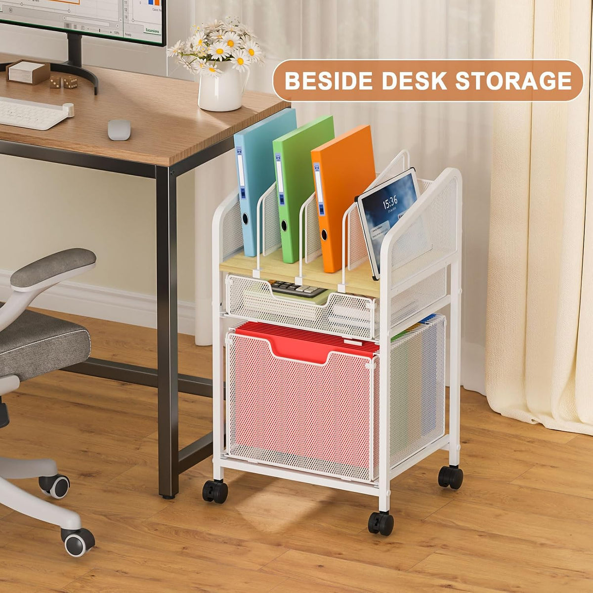 Rolling File Cabinet with Adjustable Dividers, Mobile Filing Cabinet with Storage Drawer on Lockable Wheels, Hanging File Organizer Beside Under Desk for Office, Home, White（Patent Pending）