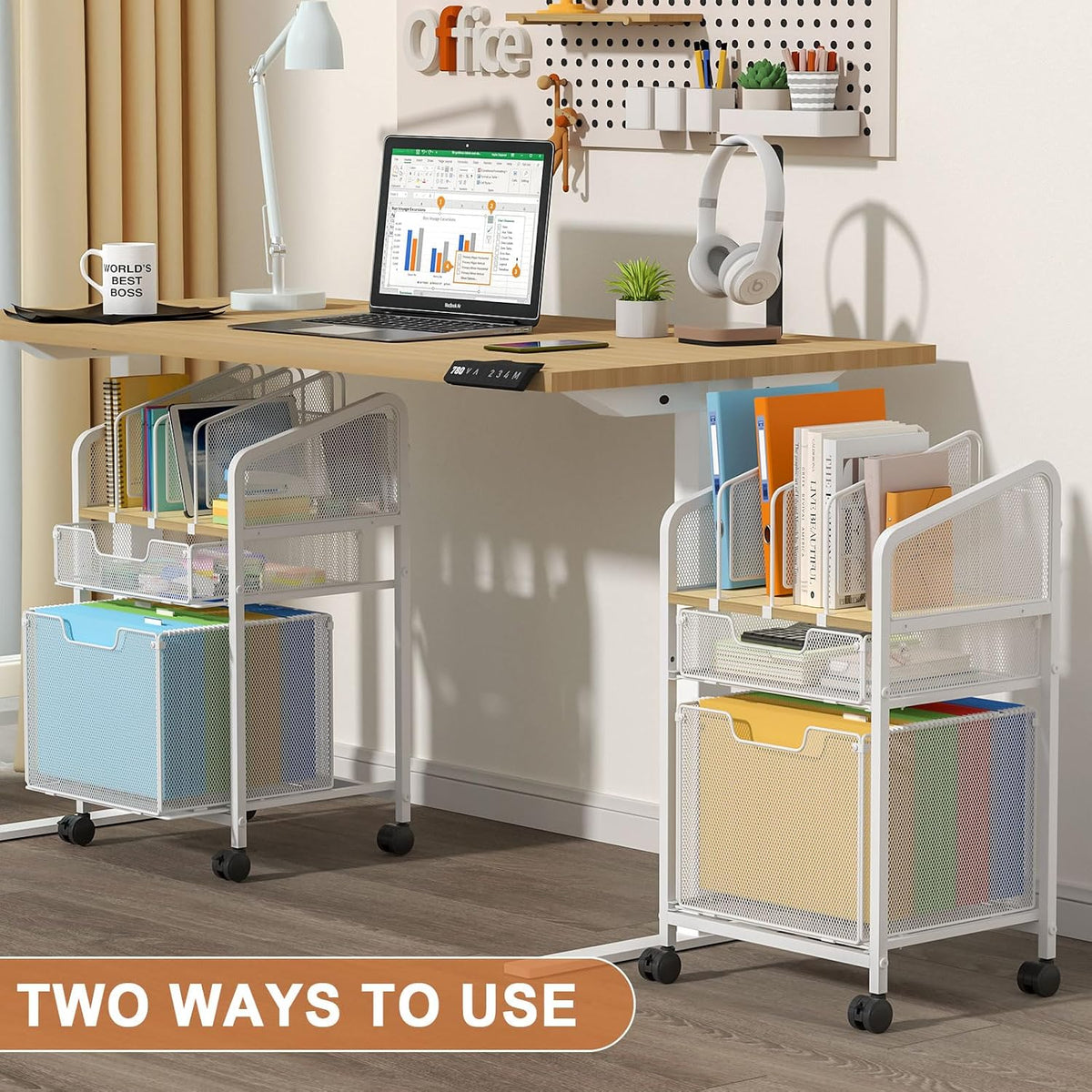 Rolling File Cabinet with Adjustable Dividers, Mobile Filing Cabinet with Storage Drawer on Lockable Wheels, Hanging File Organizer Beside Under Desk for Office, Home, White（Patent Pending）