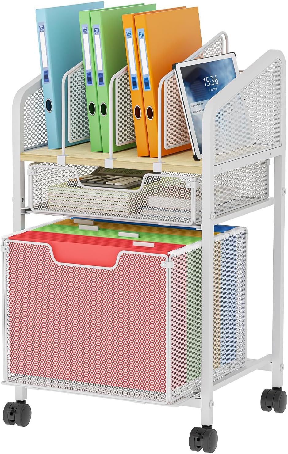 Rolling File Cabinet with Adjustable Dividers, Mobile Filing Cabinet with Storage Drawer on Lockable Wheels, Hanging File Organizer Beside Under Desk for Office, Home, White（Patent Pending）