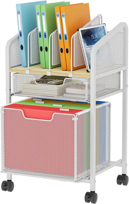 Rolling File Cabinet with Adjustable Dividers, Mobile Filing Cabinet with Storage Drawer on Lockable Wheels, Hanging File Organizer Beside Under Desk for Office, Home, White（Patent Pending）