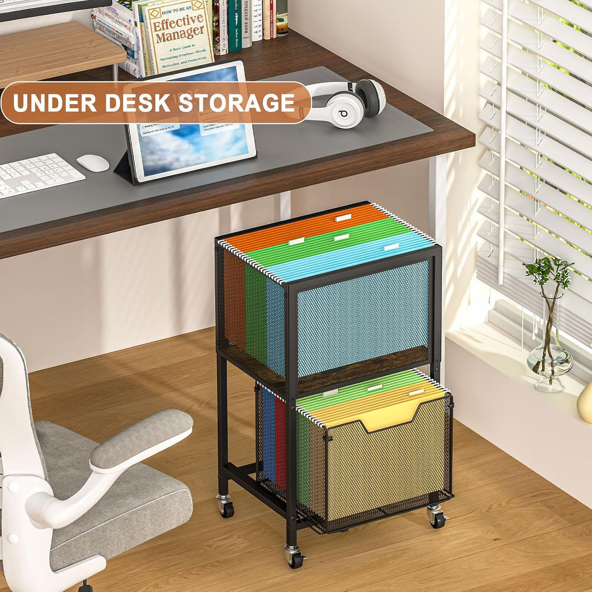 Rolling File Cabinet with Adjustable Dividers, Mobile Filing Cabinet with Storage Drawer on Lockable Wheels, Hanging File Organizer Beside Under Desk for Office, Home, White（Patent Pending）