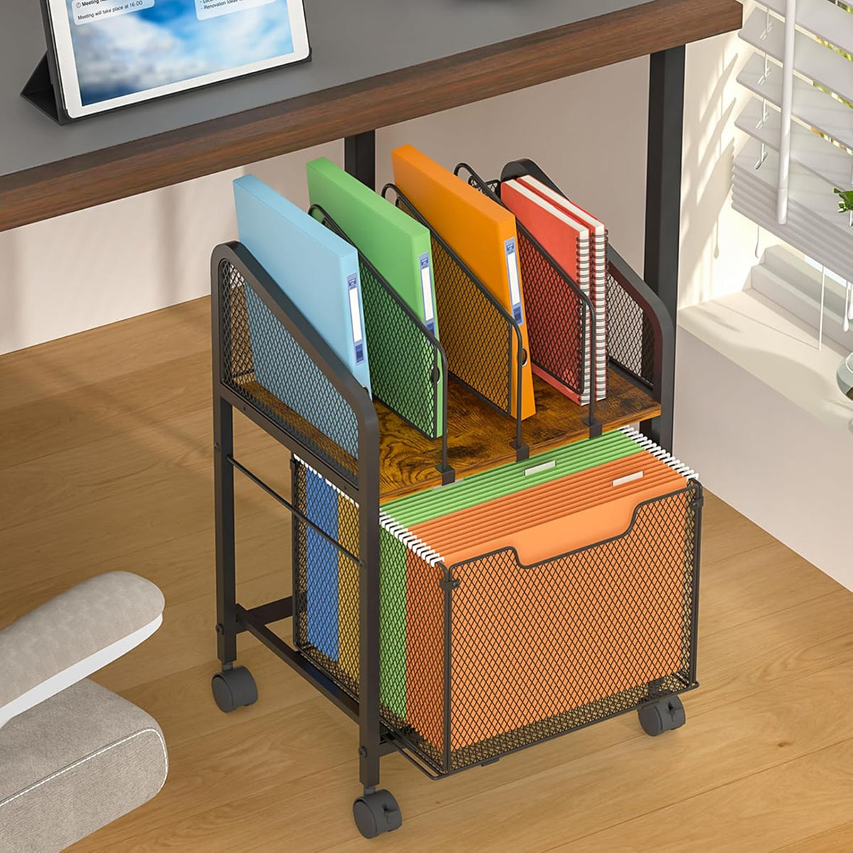 Rolling File Cabinet with Adjustable Dividers, Mobile Filing Cabinet with Storage Drawer on Lockable Wheels, Hanging File Organizer Beside Under Desk for Office, Home, White（Patent Pending）