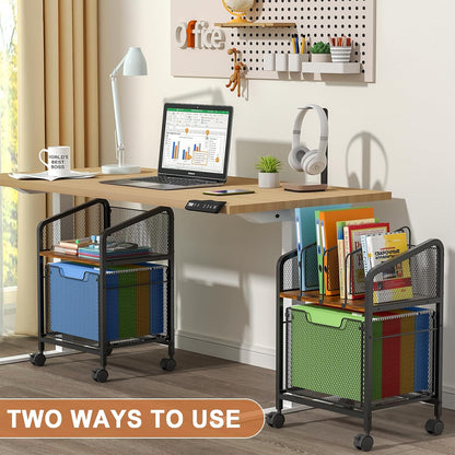 Rolling File Cabinet with Adjustable Dividers, Mobile Filing Cabinet with Storage Drawer on Lockable Wheels, Hanging File Organizer Beside Under Desk for Office, Home, White（Patent Pending）