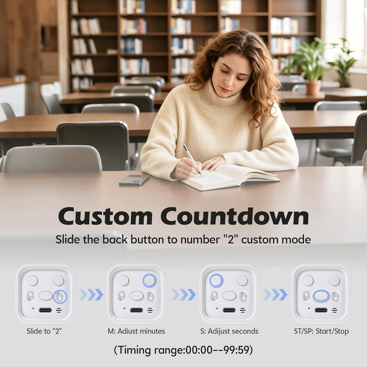 Pomodoro Timer Cube, Productivity Visual Timer Flip, 5/10/30/60 Min Preset Custom Countdown, ADHD Tool Rotating Countdown Stopwatch, Vibrate/High/Low Volume, for Study, Work, Game, Kitchen-White