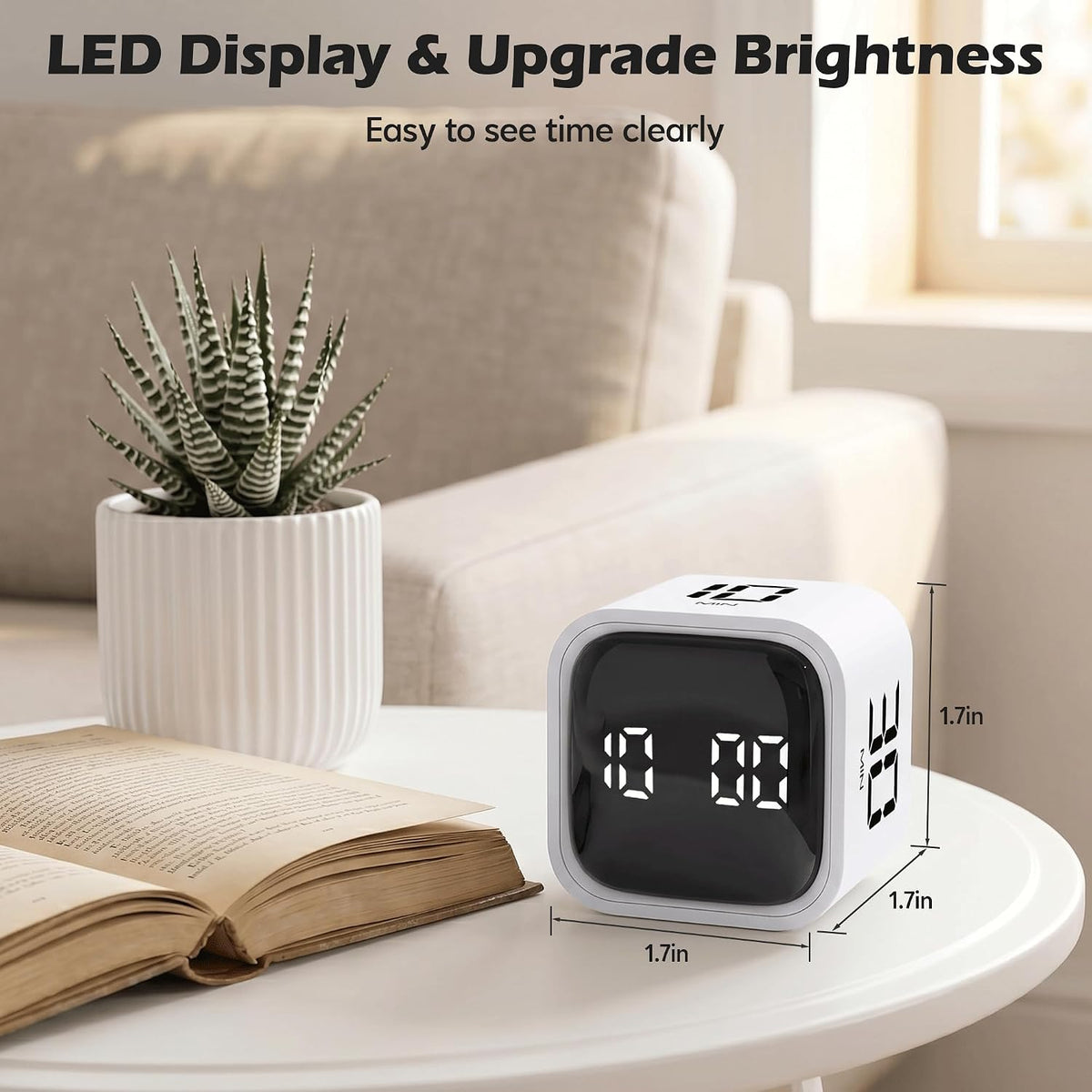 Pomodoro Timer Cube, Productivity Visual Timer Flip, 5/10/30/60 Min Preset Custom Countdown, ADHD Tool Rotating Countdown Stopwatch, Vibrate/High/Low Volume, for Study, Work, Game, Kitchen-White