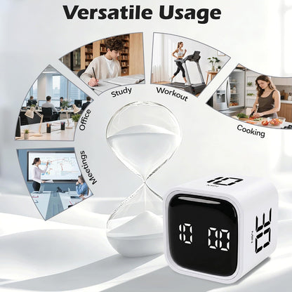 Pomodoro Timer Cube, Productivity Visual Timer Flip, 5/10/30/60 Min Preset Custom Countdown, ADHD Tool Rotating Countdown Stopwatch, Vibrate/High/Low Volume, for Study, Work, Game, Kitchen-White