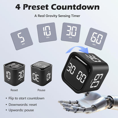 Pomodoro Timer Cube, Productivity Visual Timer Flip, 5/10/30/60 Min Preset Custom Countdown, ADHD Tool Rotating Countdown Stopwatch, Vibrate/High/Low Volume, for Study, Work, Game, Kitchen-White