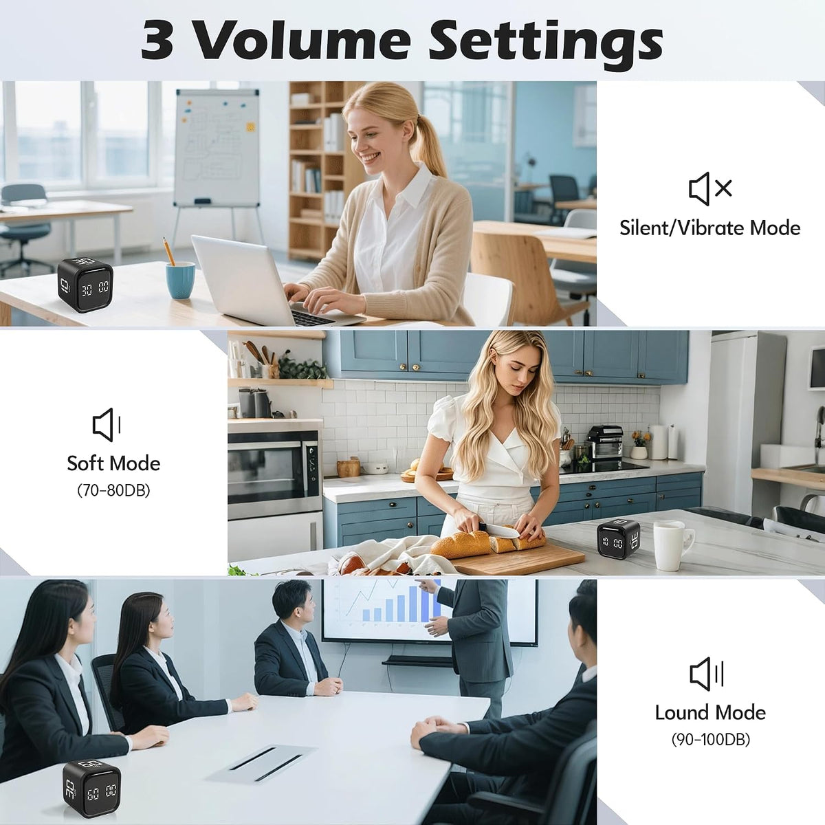 Pomodoro Timer Cube, Productivity Visual Timer Flip, 5/10/30/60 Min Preset Custom Countdown, ADHD Tool Rotating Countdown Stopwatch, Vibrate/High/Low Volume, for Study, Work, Game, Kitchen-White