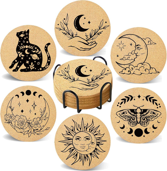 Coasters for Drinks with Holder Set of 6, Vintage Sun Moon Absorbent Cork Wood Coaster for Cup Desk Office Table Decor House Warming Gifts, Round 4"