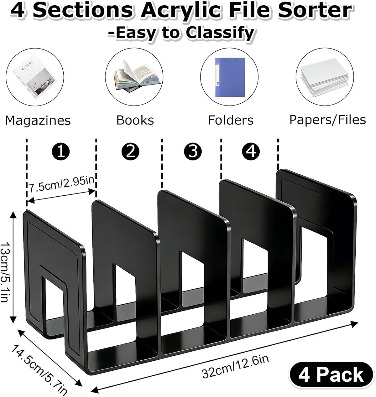 Acrylic File Sorter, Clear File Holder Acrylic Desk Organizer, Sturdy Desktop Files Organizer Files Folder Holder Rack for Envelopes Mail Letter Paper Notebook Electronics (4 Sections)