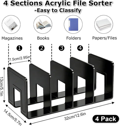 Acrylic File Sorter, Clear File Holder Acrylic Desk Organizer, Sturdy Desktop Files Organizer Files Folder Holder Rack for Envelopes Mail Letter Paper Notebook Electronics (4 Sections)