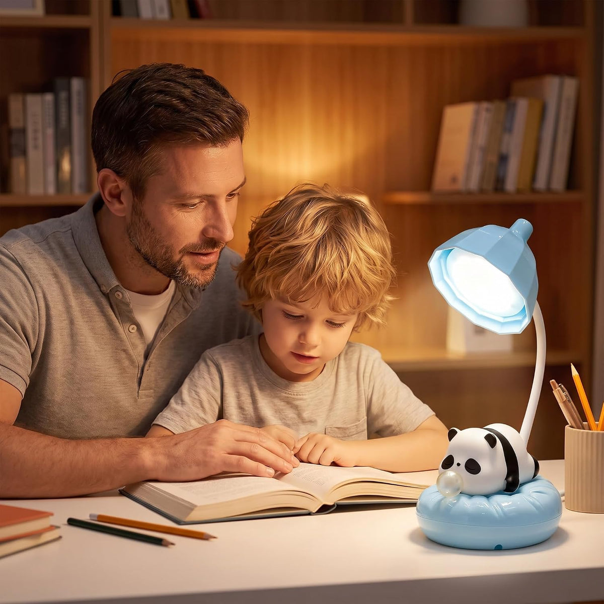 Cute Panda Night Light, Rechargeable Bedside Lamp, 3-Level Touch Control Adjustable, LED Desk Lamp with USB for Bedroom Study Room, Boys Girls Gift (Blue)