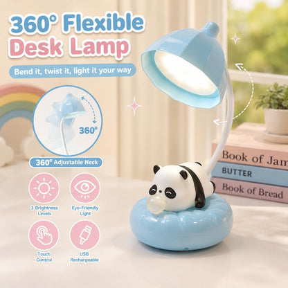 Cute Panda Night Light, Rechargeable Bedside Lamp, 3-Level Touch Control Adjustable, LED Desk Lamp with USB for Bedroom Study Room, Boys Girls Gift (Blue)