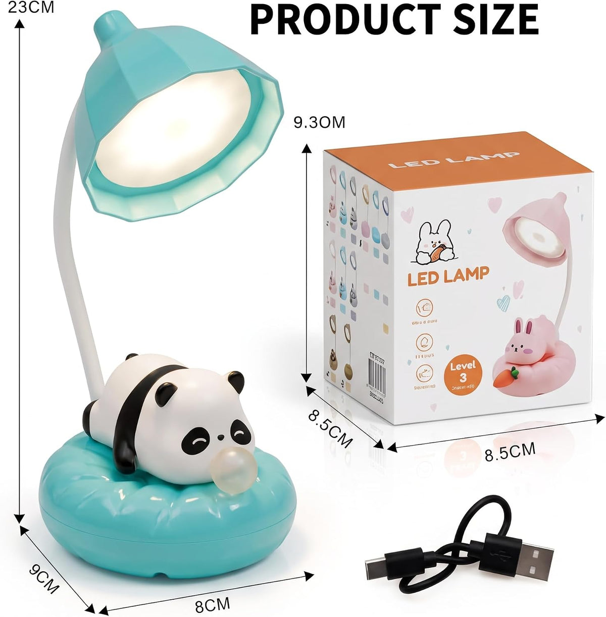 Cute Panda Night Light, Rechargeable Bedside Lamp, 3-Level Touch Control Adjustable, LED Desk Lamp with USB for Bedroom Study Room, Boys Girls Gift (Blue)