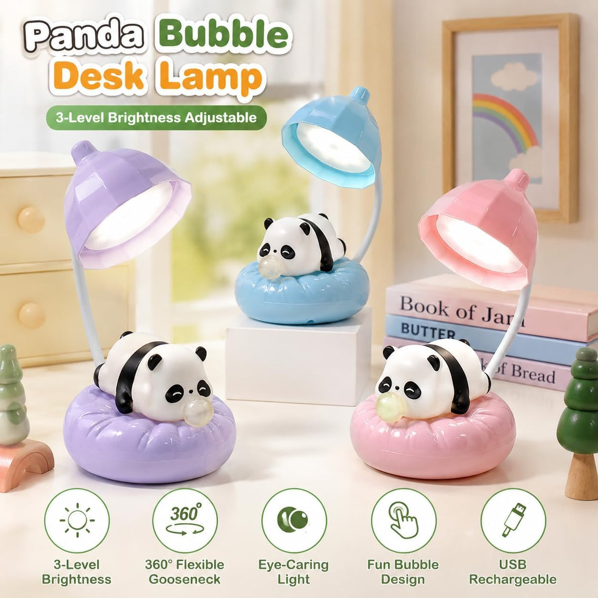 Cute Panda Night Light, Rechargeable Bedside Lamp, 3-Level Touch Control Adjustable, LED Desk Lamp with USB for Bedroom Study Room, Boys Girls Gift (Blue)
