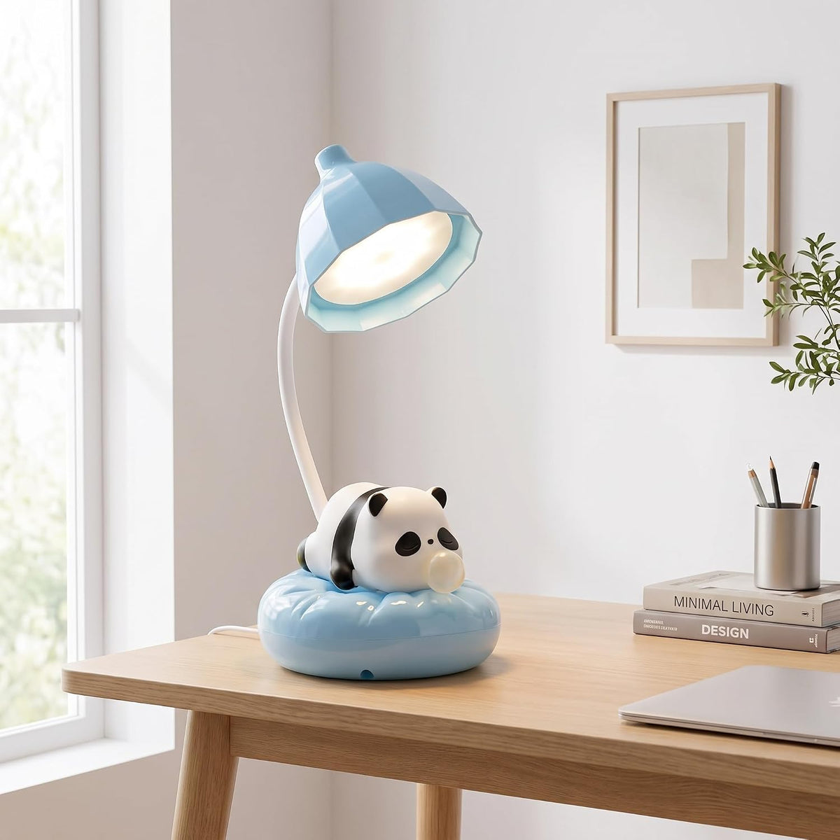 Cute Panda Night Light, Rechargeable Bedside Lamp, 3-Level Touch Control Adjustable, LED Desk Lamp with USB for Bedroom Study Room, Boys Girls Gift (Blue)