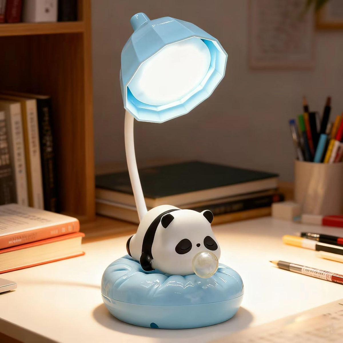 Cute Panda Night Light, Rechargeable Bedside Lamp, 3-Level Touch Control Adjustable, LED Desk Lamp with USB for Bedroom Study Room, Boys Girls Gift (Blue)