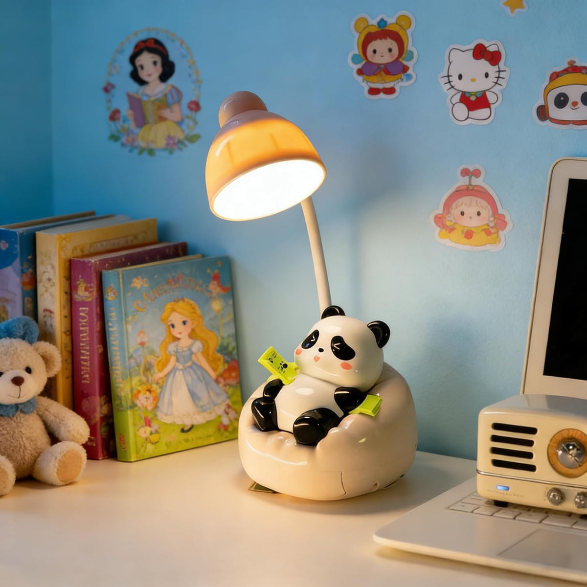 Cute Panda Night Light, Rechargeable Bedside Lamp, 3-Level Touch Control Adjustable, LED Desk Lamp with USB for Bedroom Study Room, Boys Girls Gift (Blue)
