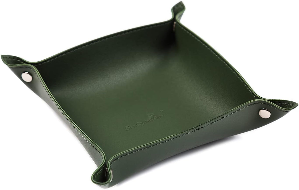 Leather Jewelry Valet Tray for Women and Man (Dark Green-B)