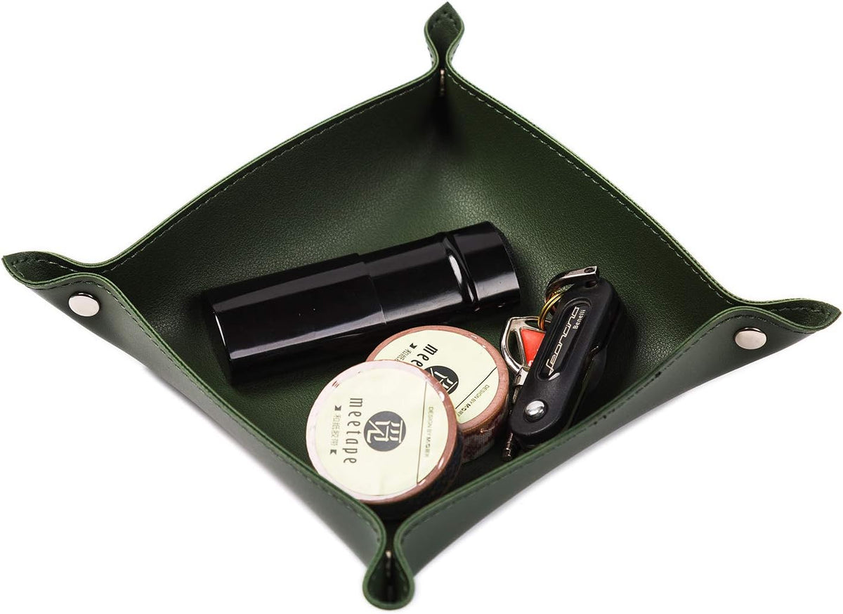 Leather Jewelry Valet Tray for Women and Man (Dark Green-B)
