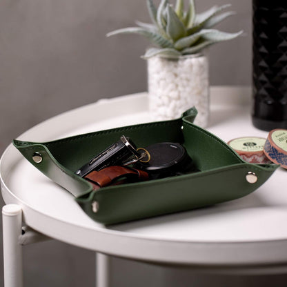 Leather Jewelry Valet Tray for Women and Man (Dark Green-B)