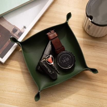 Leather Jewelry Valet Tray for Women and Man (Dark Green-B)