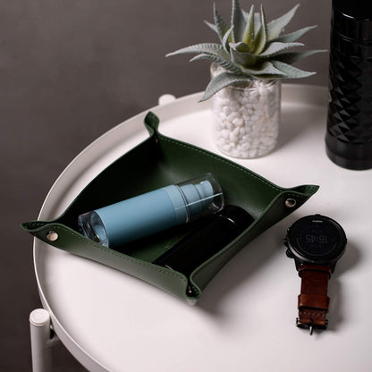 Leather Jewelry Valet Tray for Women and Man (Dark Green-B)