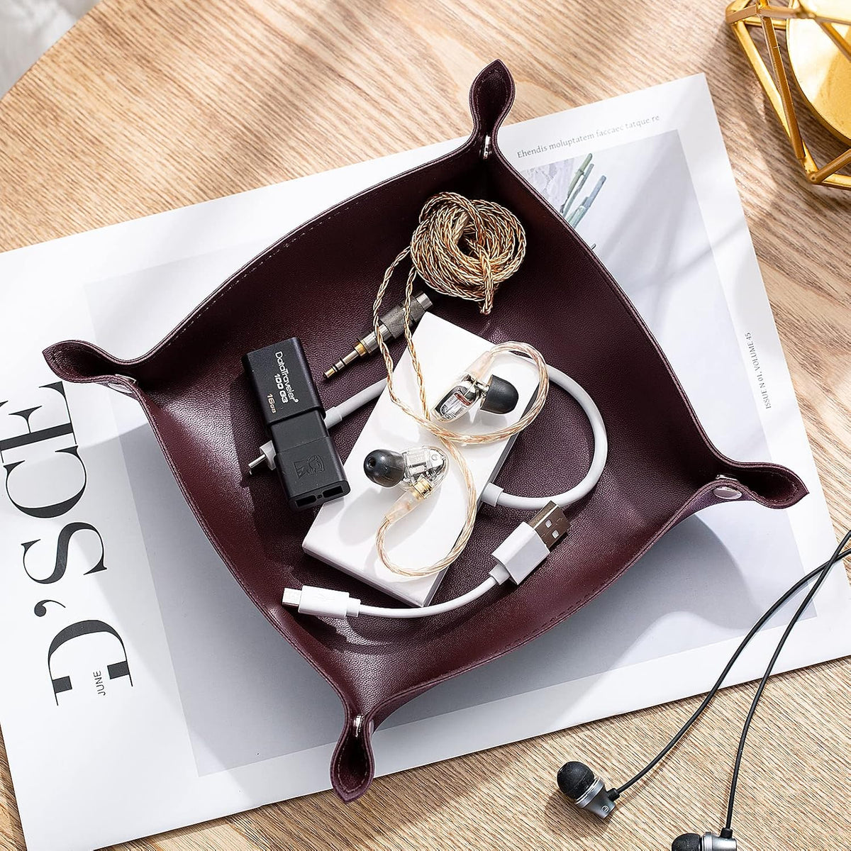 Leather Jewelry Valet Tray for Women and Man (Dark Green-B)