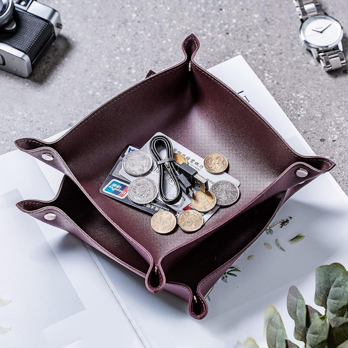 Leather Jewelry Valet Tray for Women and Man (Dark Green-B)