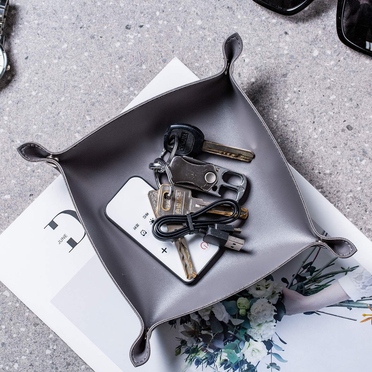 Leather Jewelry Valet Tray for Women and Man (Dark Green-B)
