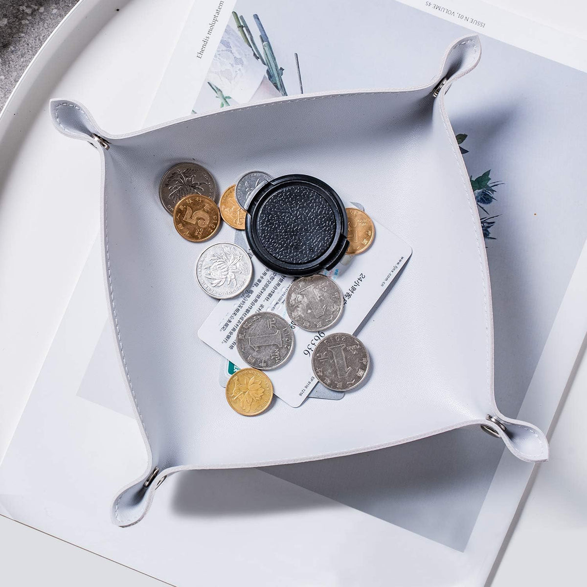 Leather Jewelry Valet Tray for Women and Man (Dark Green-B)