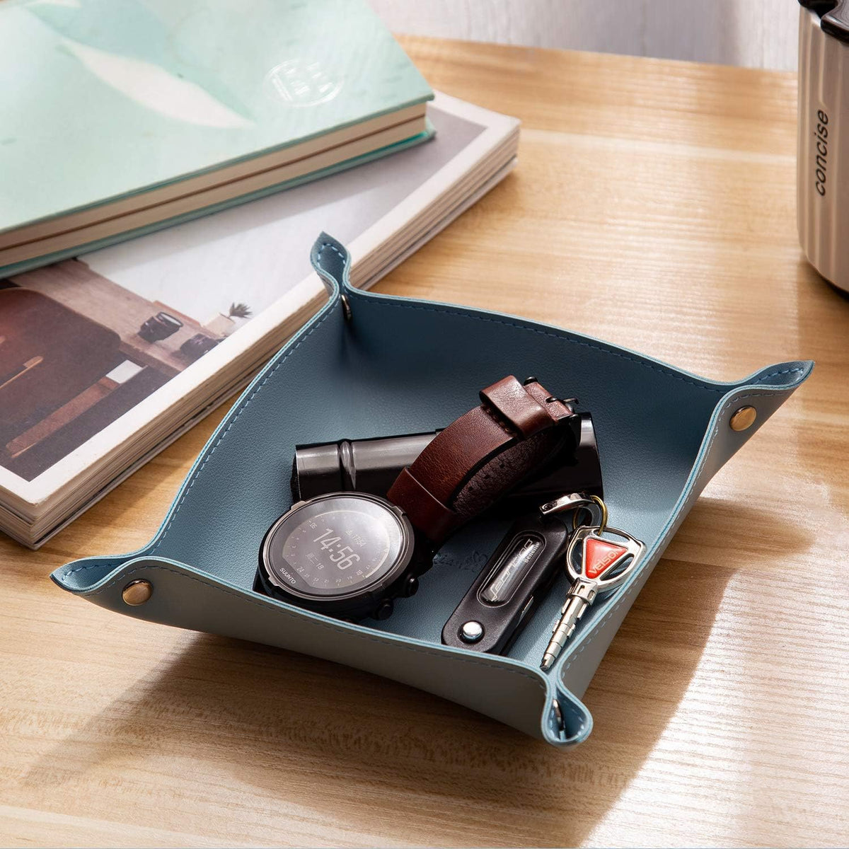 Leather Jewelry Valet Tray for Women and Man (Dark Green-B)