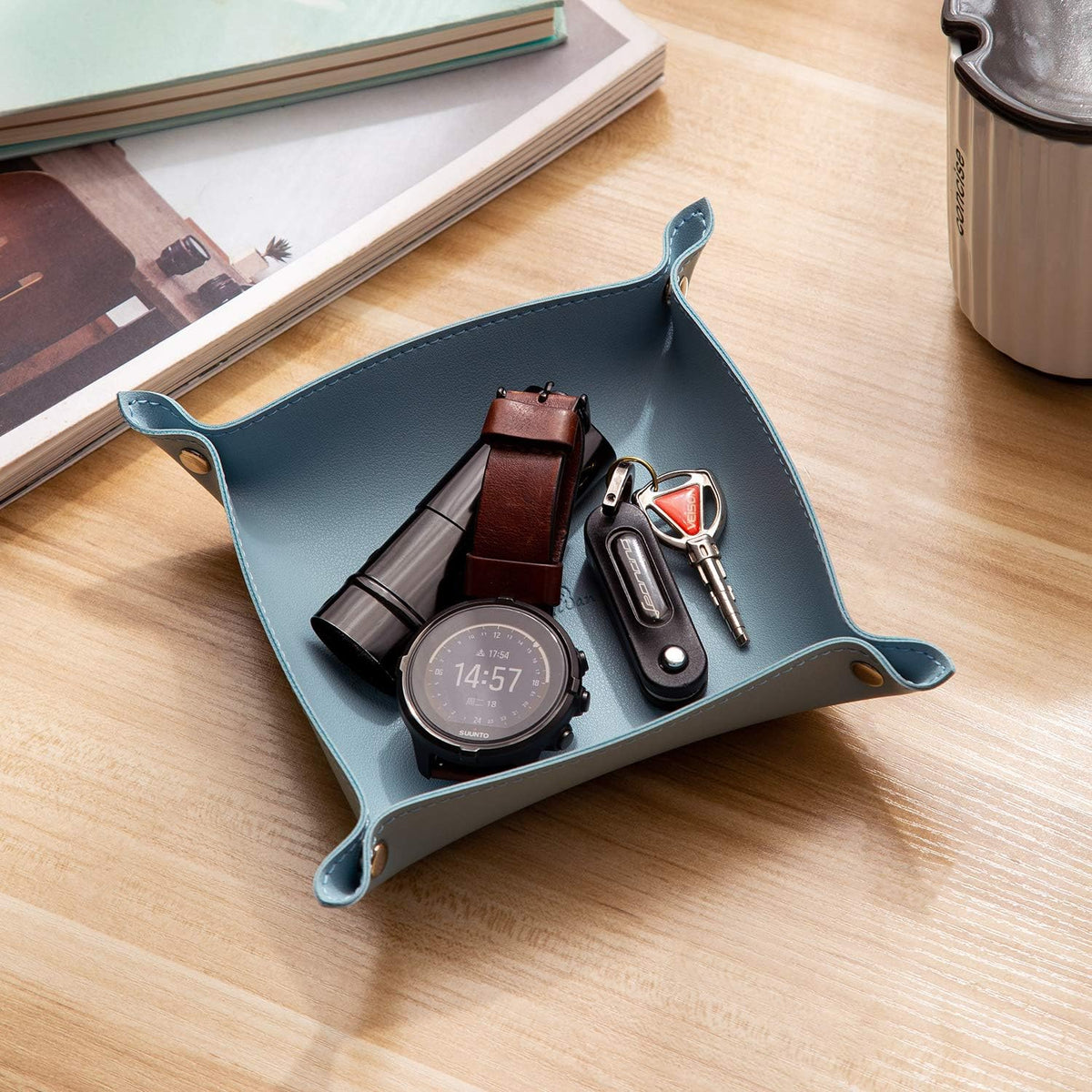 Leather Jewelry Valet Tray for Women and Man (Dark Green-B)