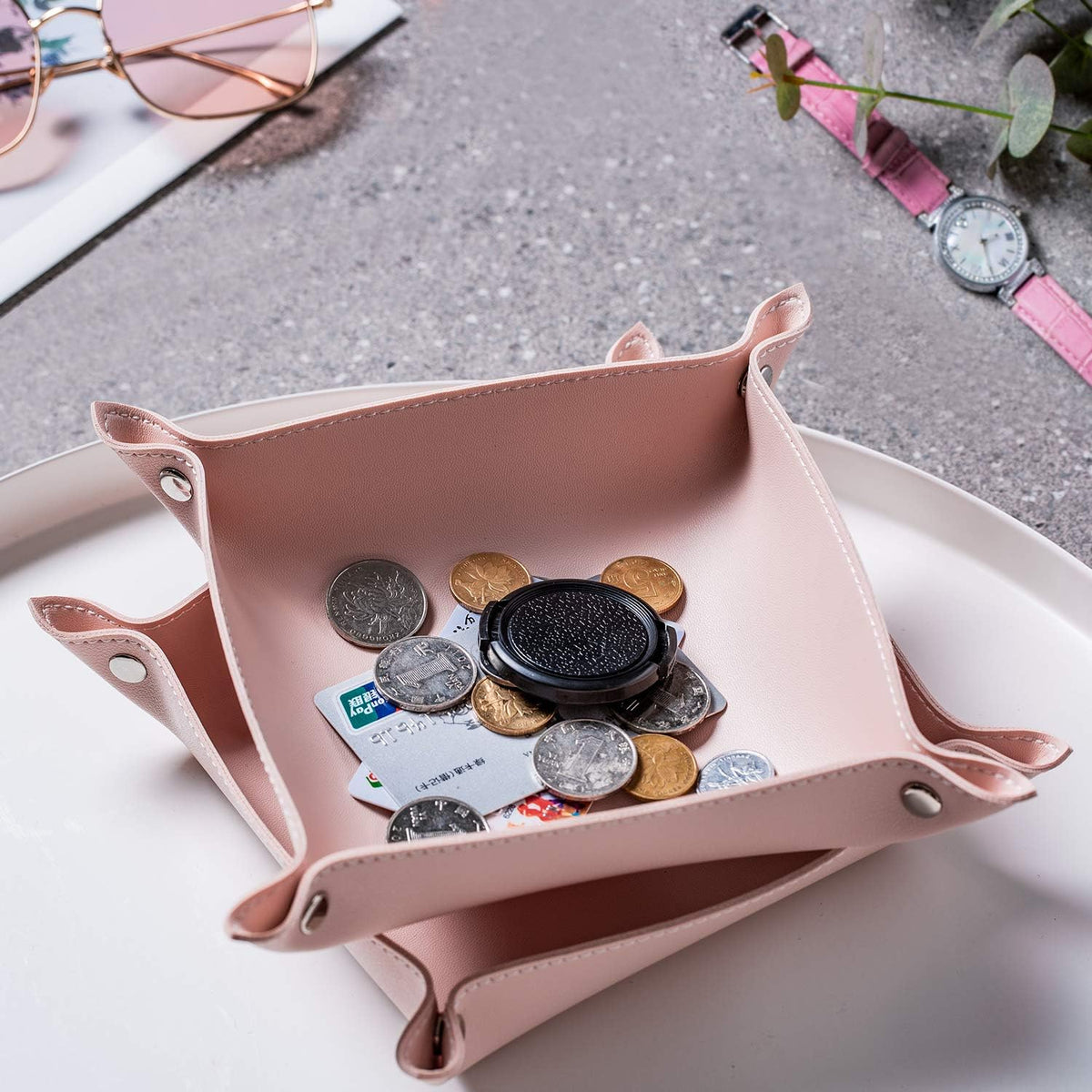 Leather Jewelry Valet Tray for Women and Man (Dark Green-B)